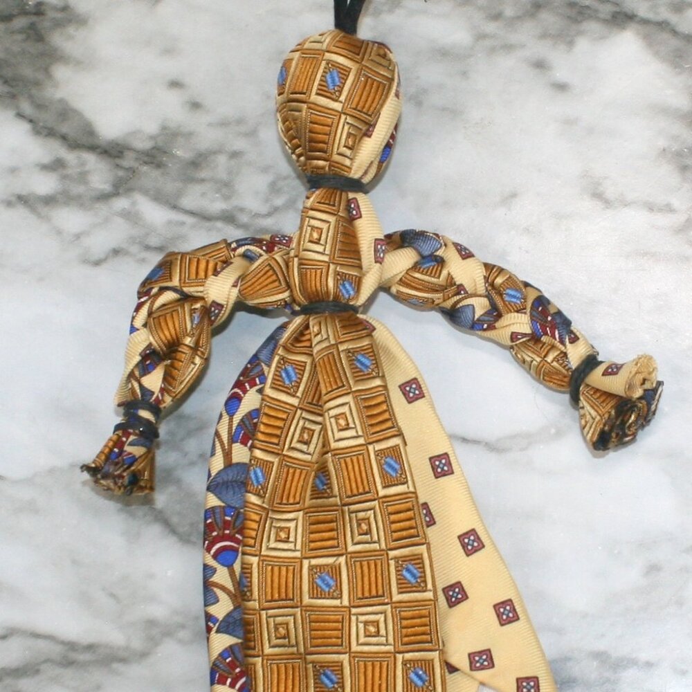 HAND CRAFTED Purse Bag Charm Rag Doll Upcycled Neck Tie Blue Silk Gold - Picture 3 of 12